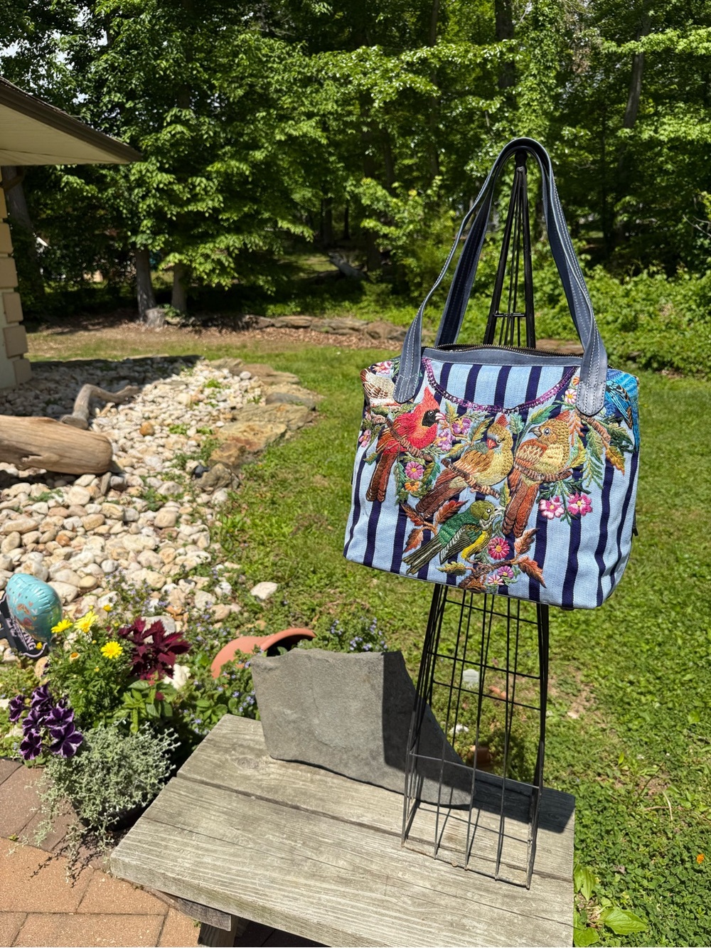 Blue Striped Tote with Colorful Bird Embroidery handmade (with dust cover)